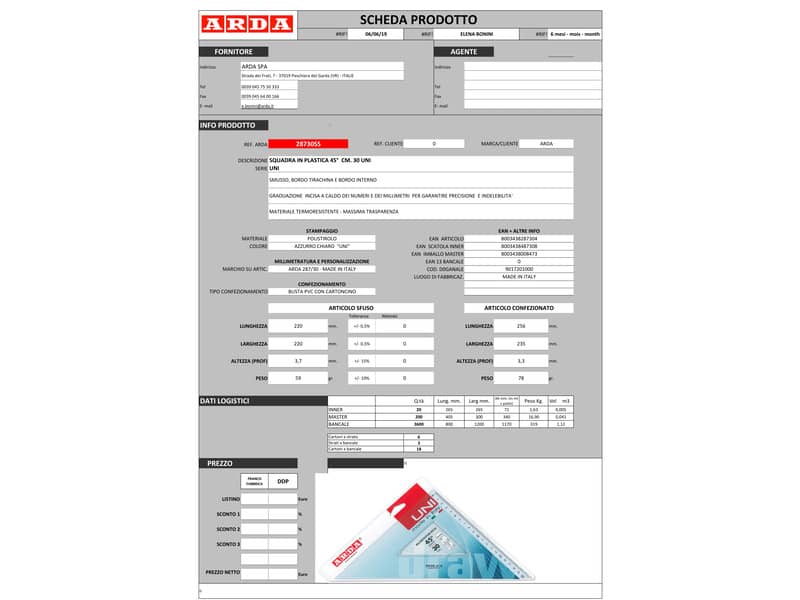 Squadra ARDA Linea Uni plastica termoresistente fumé ottico trasparente 45° cm 30 - 28730SS