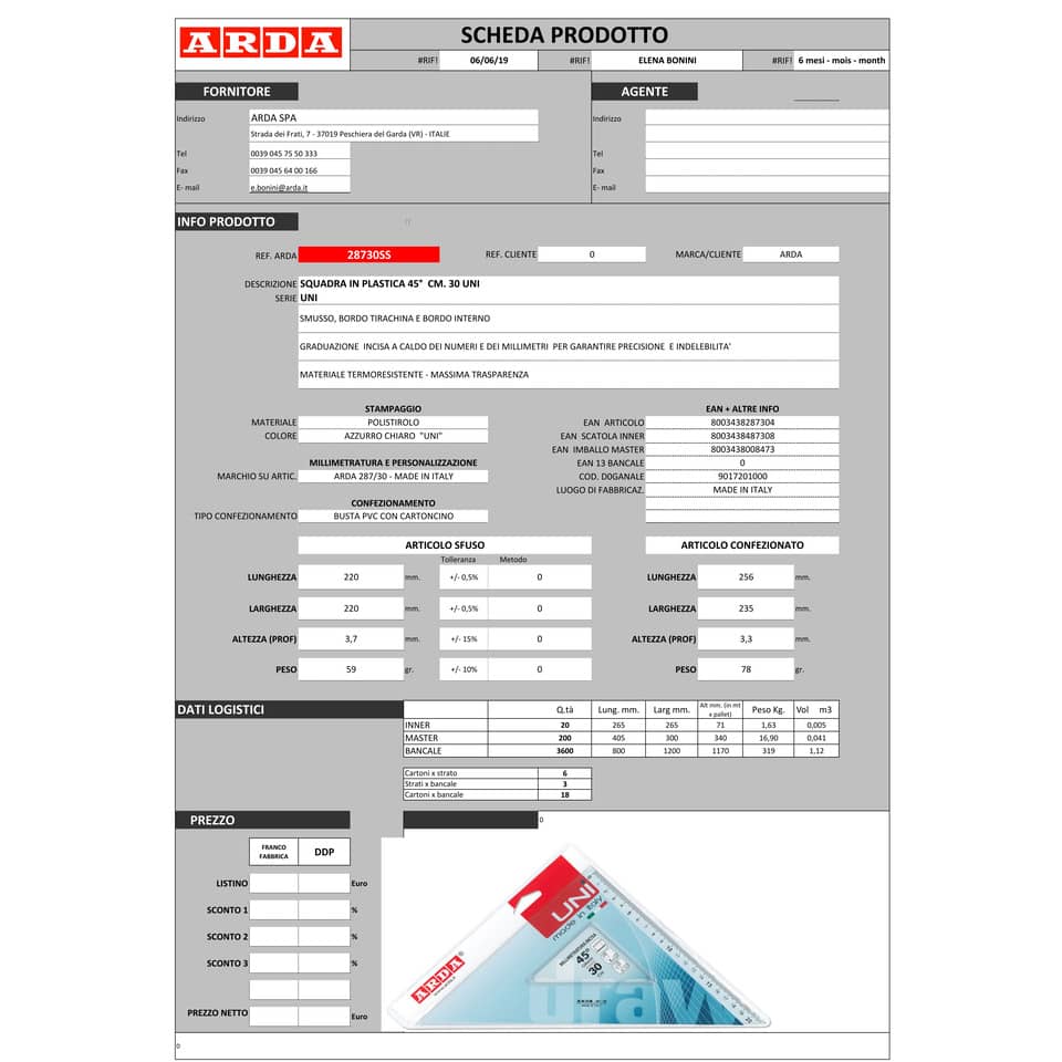 Squadra ARDA Linea Uni plastica termoresistente fumé ottico trasparente 45° cm 30 - 28730SS