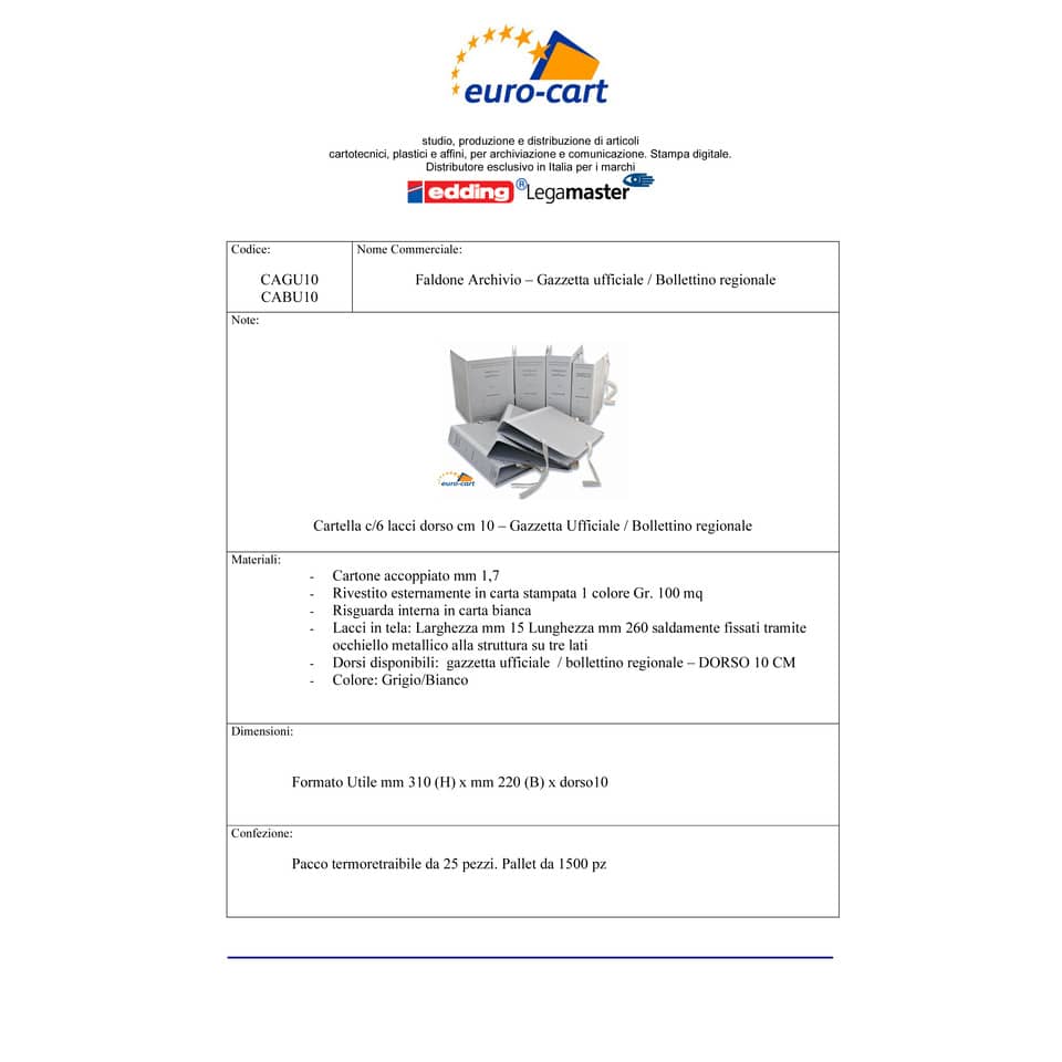 Faldone con lacci occhiellati EURO-CART Gazzetta Ufficiale - cartone da 1,8 mm dorso 8 cm - CAGU