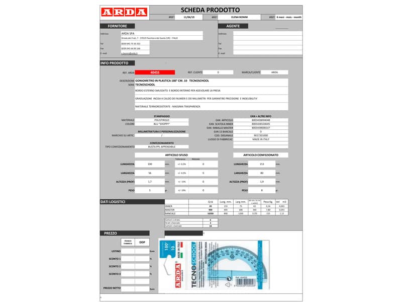 Goniometro ARDA Linea Tecnoschool polistirolo termoresistente azzurro trasparente 180° 10 cm - 404SS