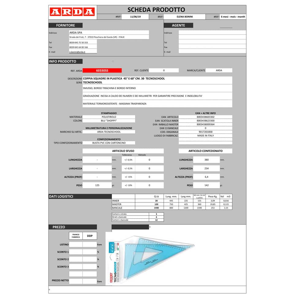 Coppia squadre ARDA Linea Tecnoschool plastica azzurro trasparente Formato 45° e 60° 30 cm  Conf. 2 pezzi - 60330SS