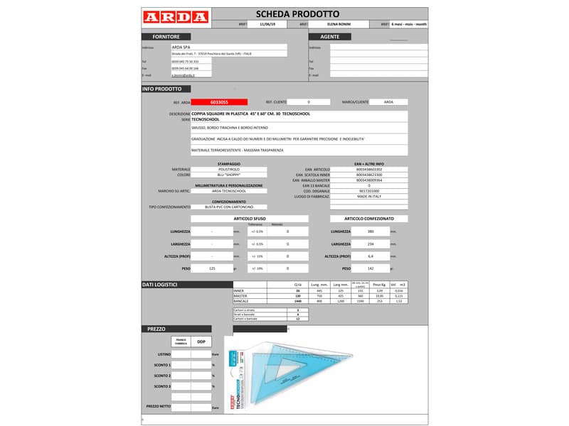 Coppia squadre ARDA Linea Tecnoschool plastica azzurro trasparente Formato 45° e 60° 30 cm  Conf. 2 pezzi - 60330SS