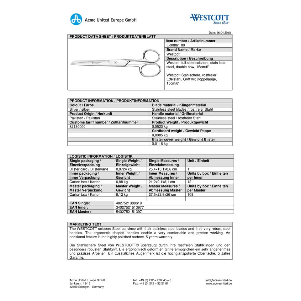 Forbici Westcott Steel asimmetriche argento lama 15 cm E-30861 00