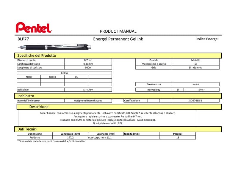 Penna roller a scatto Pentel Energel Permanent 0.7 mm nero BLP77-AX