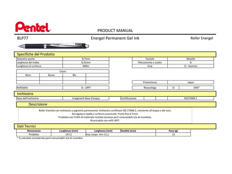Penna roller a scatto Pentel Energel Permanent 0.7 mm rosso BLP77-BX
