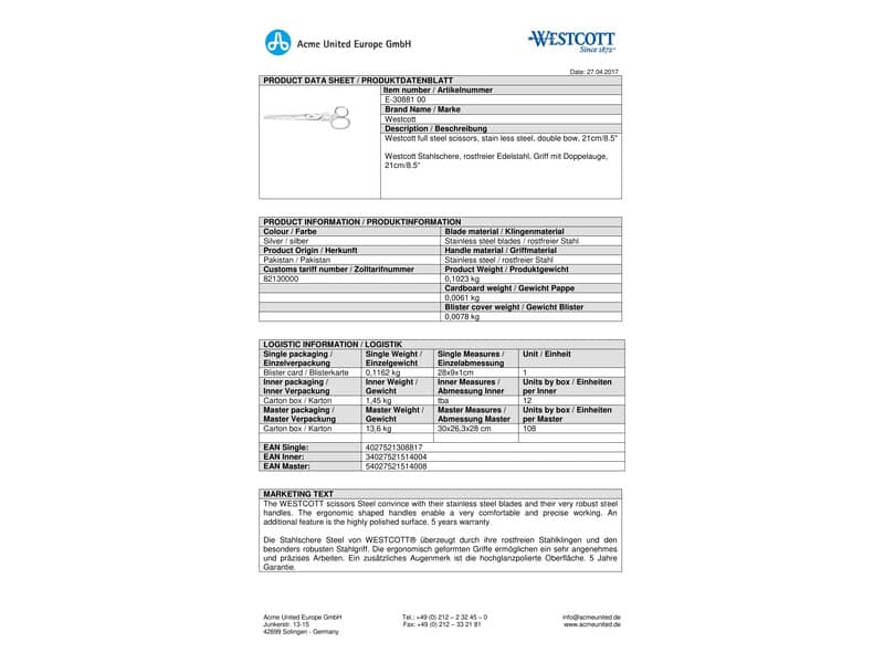 Forbici Westcott Steel asimmetriche argento lama 21 cm E-30881 00