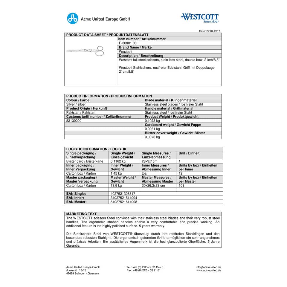 Forbici Westcott Steel asimmetriche argento lama 21 cm E-30881 00