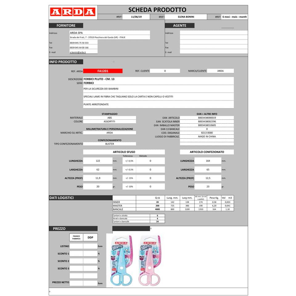 Forbice ARDA Pluto ABS/acciaio INOX assortiti punte arrotondate 13 cm FA1201