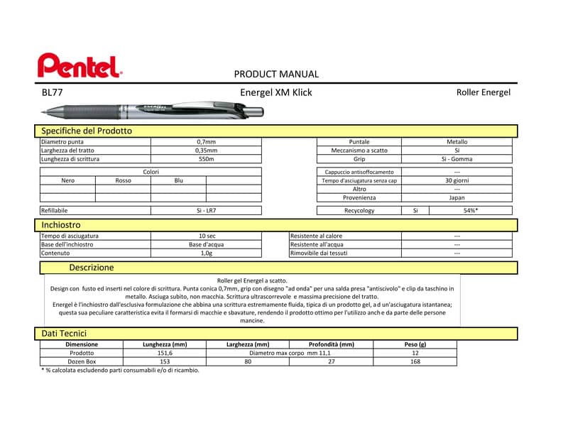 Roller a scatto Pentel EnerGel XM Click nero 0,7 mm BL77-AO