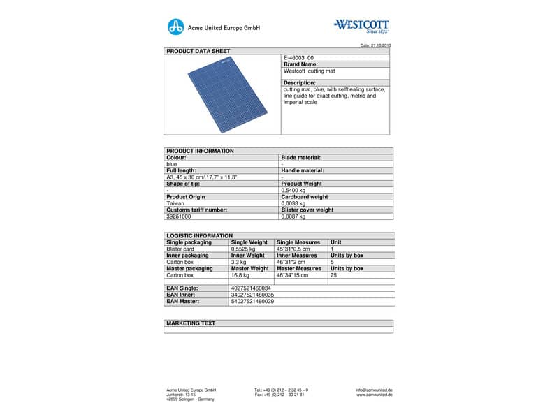 Tappetino da taglio Westcott 45x30 cm blu DIN A3 E-46003 00