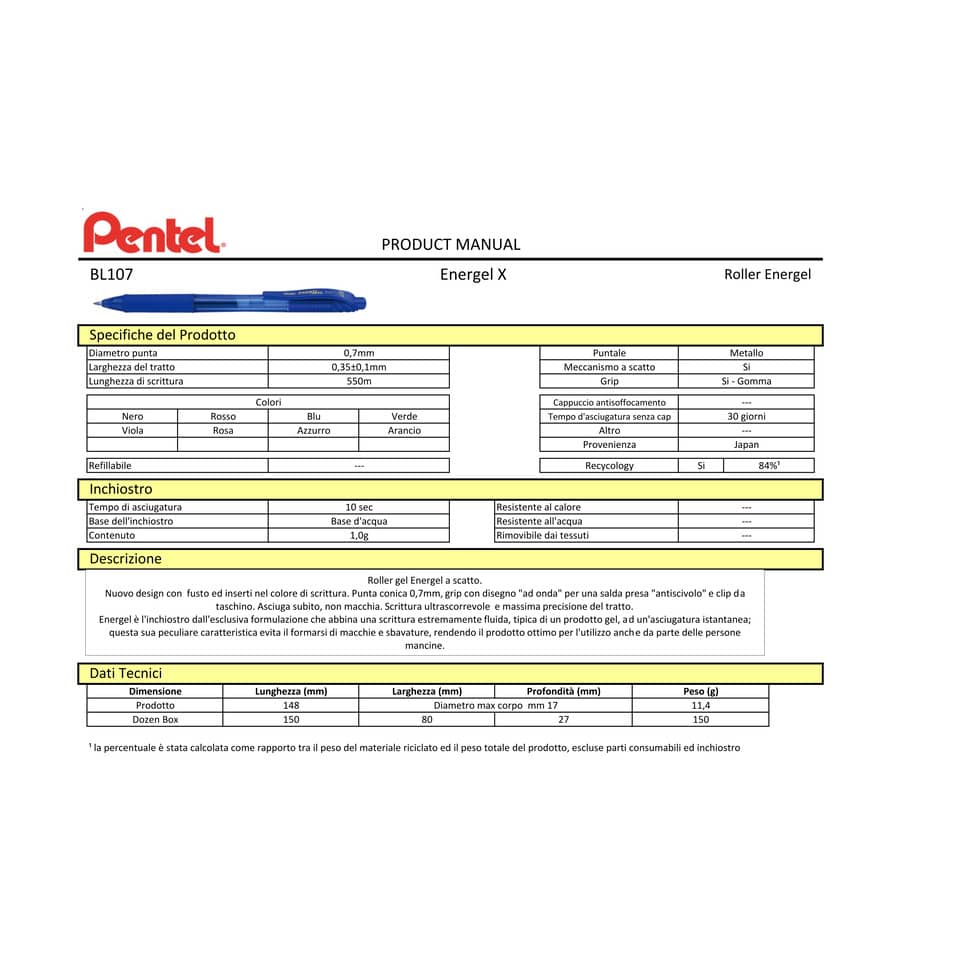 Penna roller a scatto Pentel EnerGel X 0.7 mm blu BL107-CX