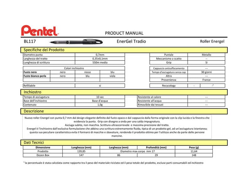 Penna roller a scatto Pentel Energel Tradio 0.7 mm bianco nero BL117W-A
