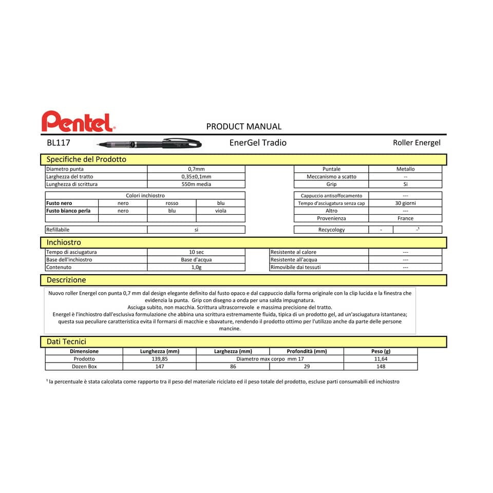 Penna roller a scatto Pentel Energel Tradio 0.7 mm bianco nero BL117W-A