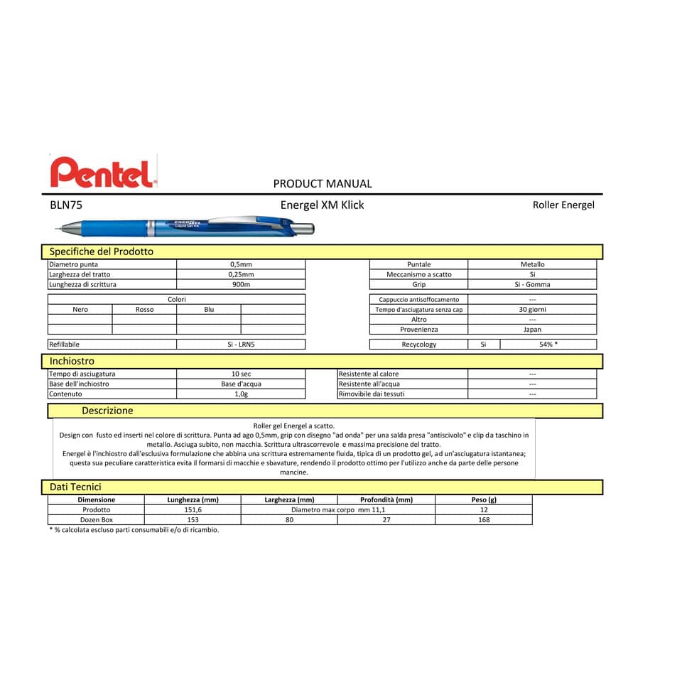 Roller a scatto Pentel EnerGel XM Click 0,5 mm nero BLN75-AO