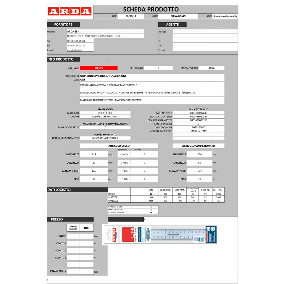 Doppio decimetro ARDA Linea Uni plastica fumé ottico trasparente 20 cm 283SS