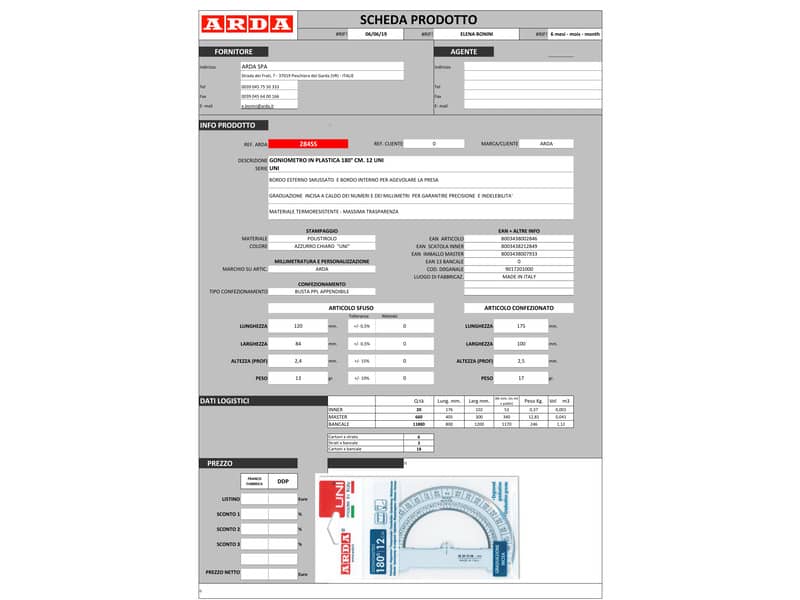 Goniometro ARDA Linea Uni plastica termoresistente fumé ottico trasparente 180° 12 cm - 284SS