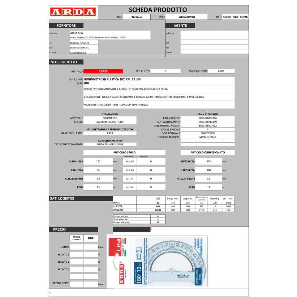 Goniometro ARDA Linea Uni plastica termoresistente fumé ottico trasparente 180° 12 cm - 284SS