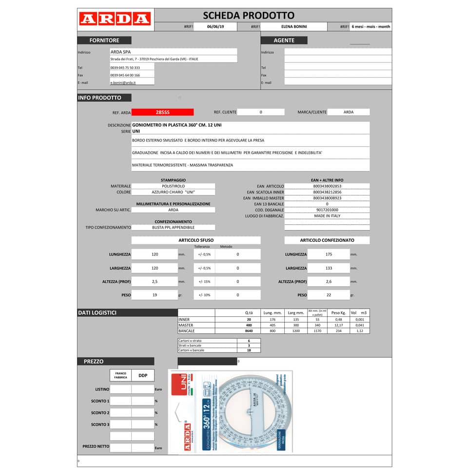 Goniometro ARDA Linea Uni plastica termoresistente fumé ottico trasparente 360° 12 cm - 285SS