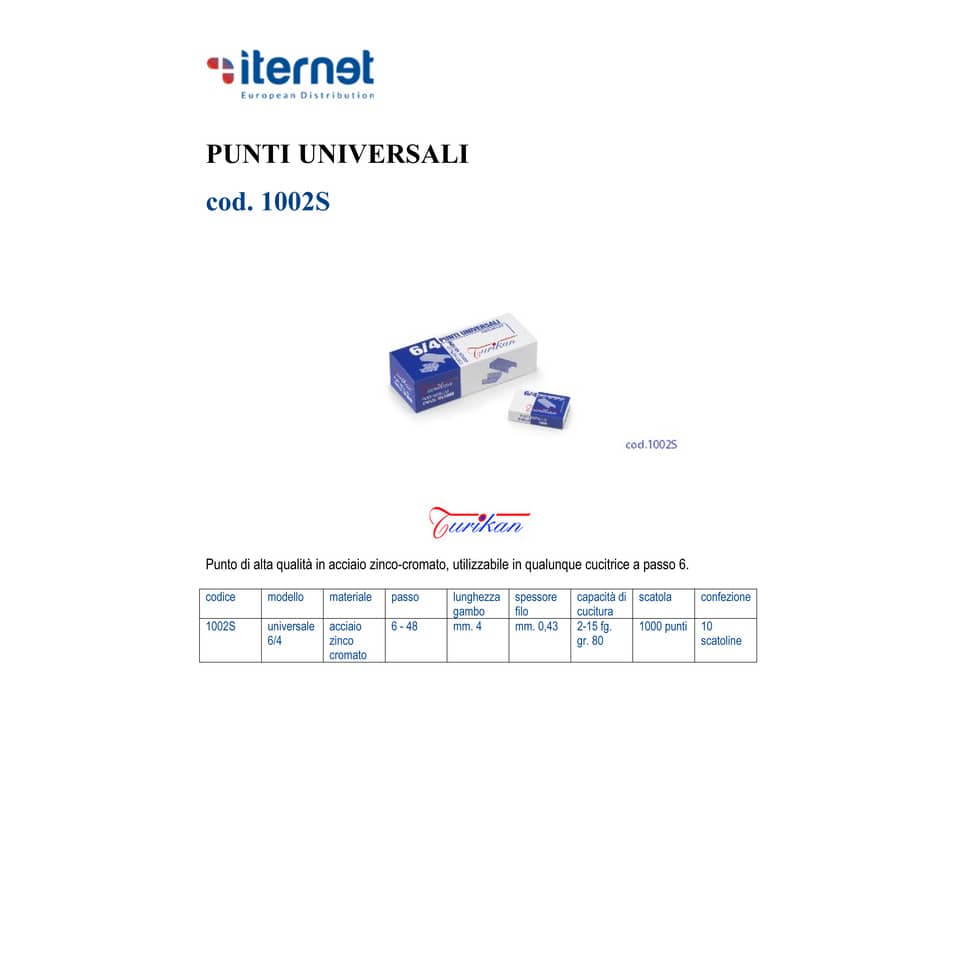 Punti per cucitrici Turikan universali acciaio passo 6/4 Conf. 1000 - 1002S