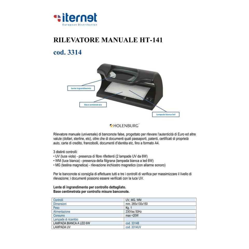 Verifica banconote Holenburg HT-141 nero controlli UV, MG, WM