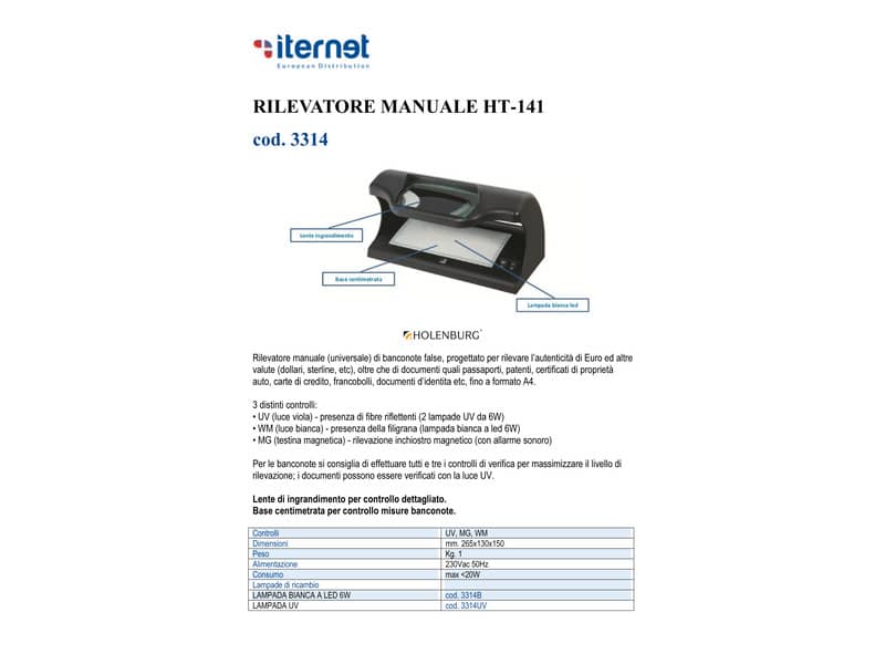 Verifica banconote Holenburg HT-141 nero controlli UV, MG, WM