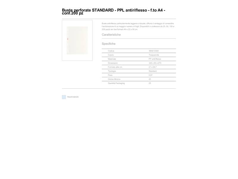 Buste a perforazione universale goffrate Esselte STANDARD PP antiriflesso trasparente A4  conf.200 - 395613300