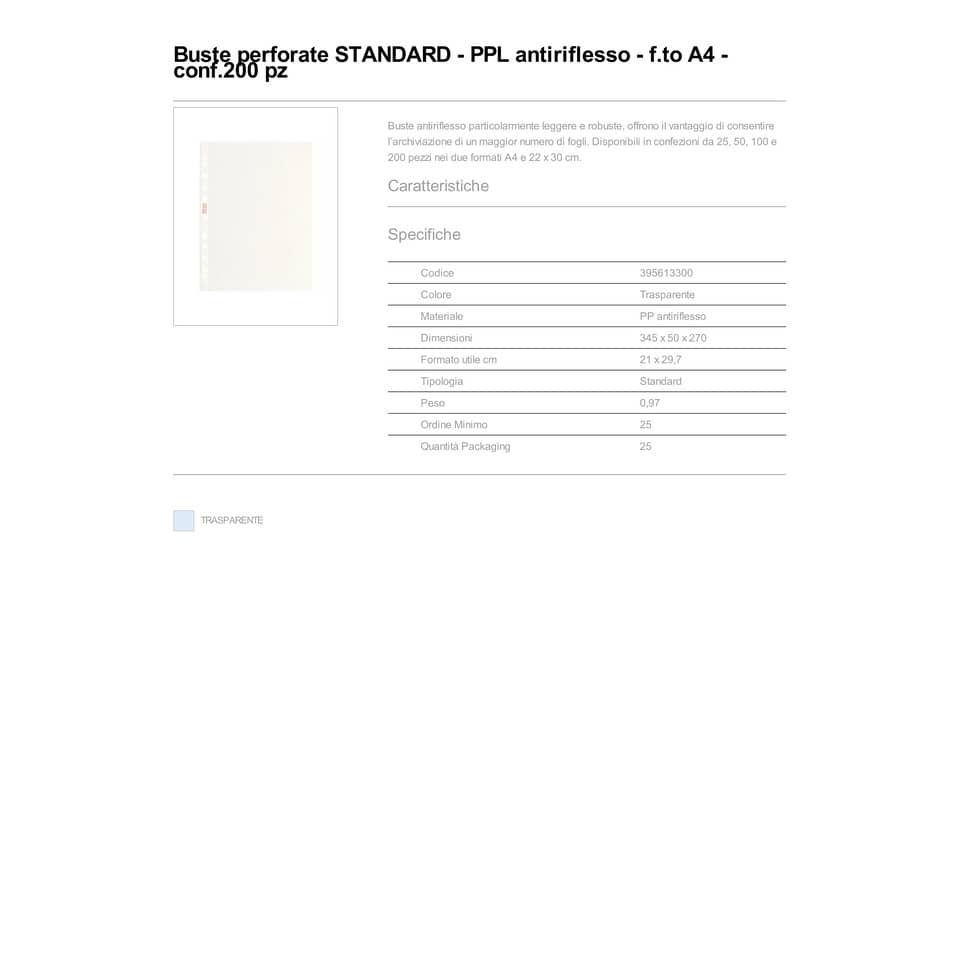 Buste a perforazione universale goffrate Esselte STANDARD PP antiriflesso trasparente A4  conf.200 - 395613300