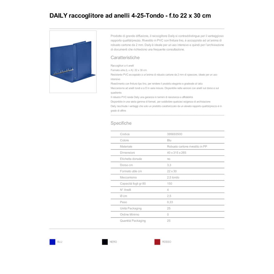 Raccoglitore Esselte DAILY a 4 anelli tondi 25mm robusto cartone rivestito in PP blu 22x30 cm dorso 3,5 cm - 395693500