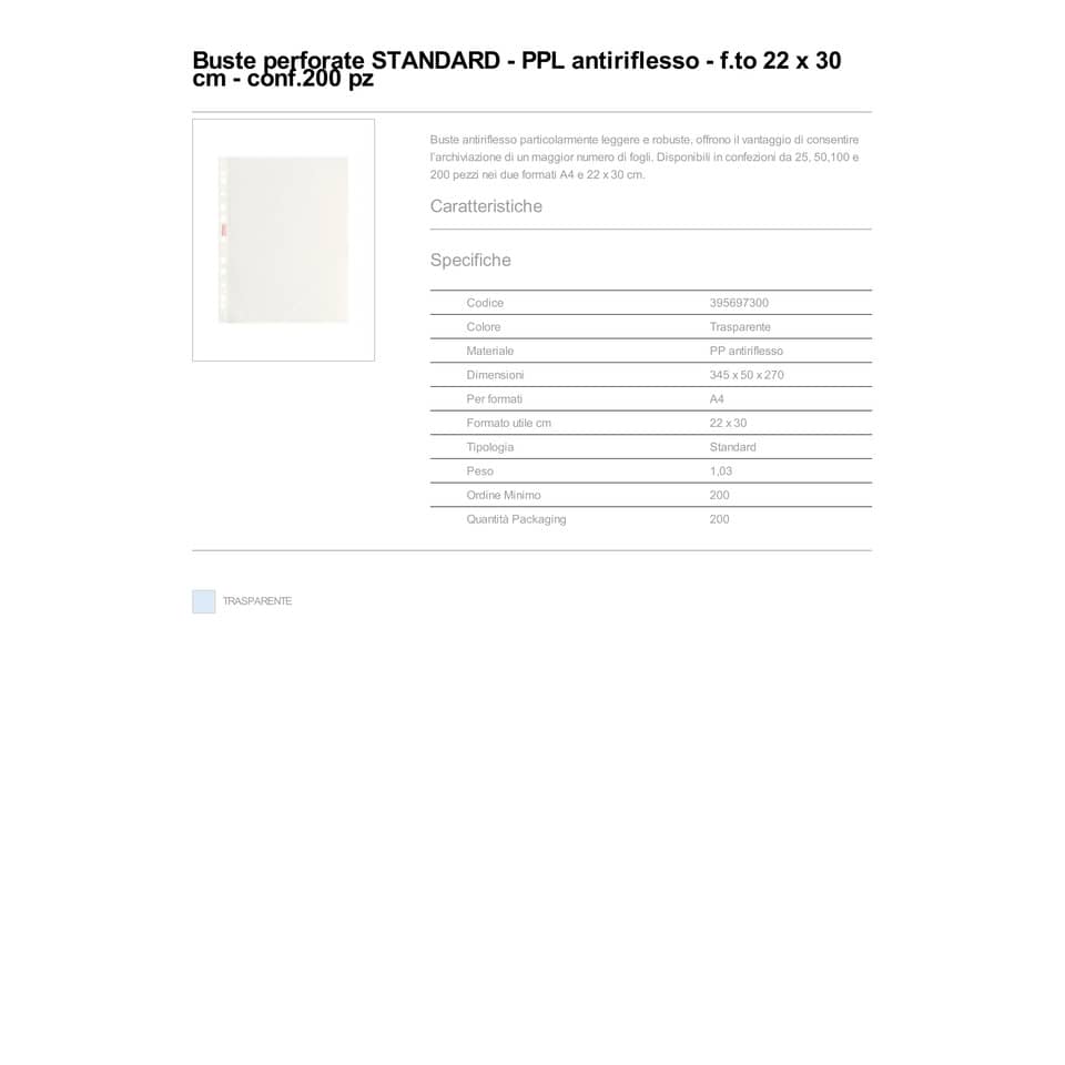 Buste a perforazione universale goffrate Esselte STANDARD PP antiriflesso 22x30 cm conf.200 - 395697300