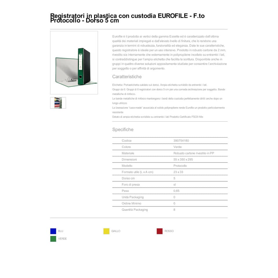 Registratore con custodia Esselte G54 Eurofile protocollo dorso 5 cm cartone rivestito in PP verde - 390754180