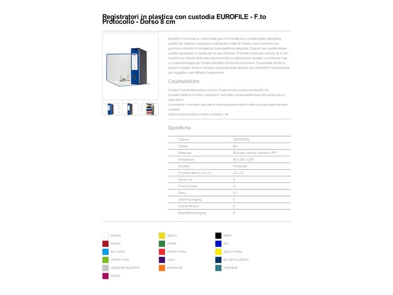 Registratore con custodia Esselte G55 Eurofile protocollo dorso 8 cm cartone rivestito in PP blu - 390755050