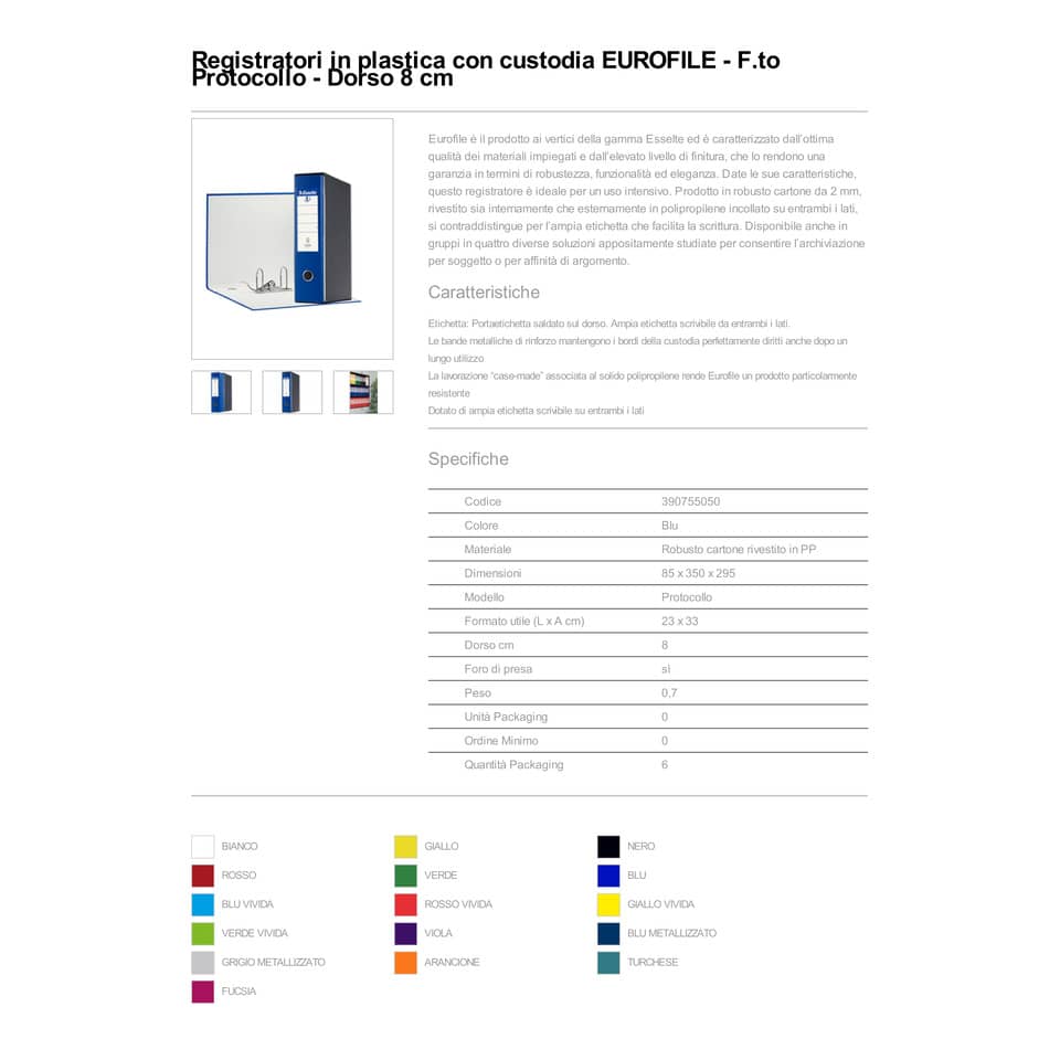 Registratore con custodia Esselte G55 Eurofile protocollo dorso 8 cm cartone rivestito in PP blu - 390755050