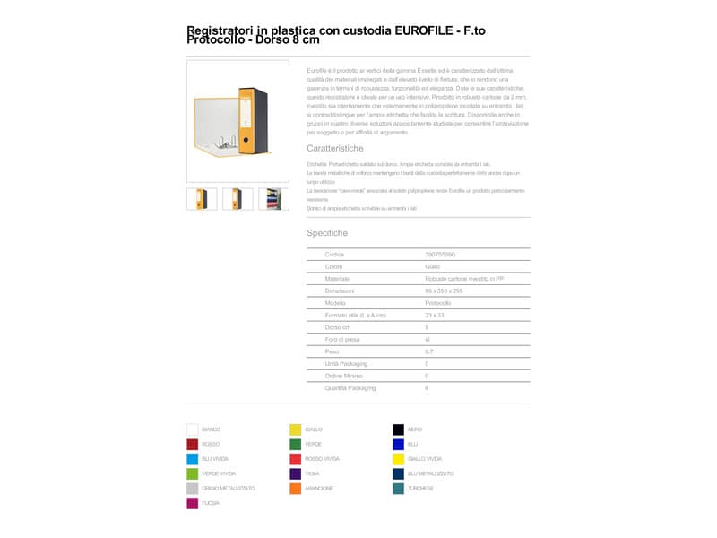 Registratore con custodia Esselte G55 Eurofile protocollo dorso 8 cm cartone rivestito in PP giallo - 390755090