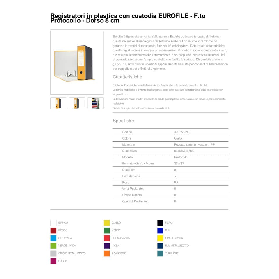 Registratore con custodia Esselte G55 Eurofile protocollo dorso 8 cm cartone rivestito in PP giallo - 390755090