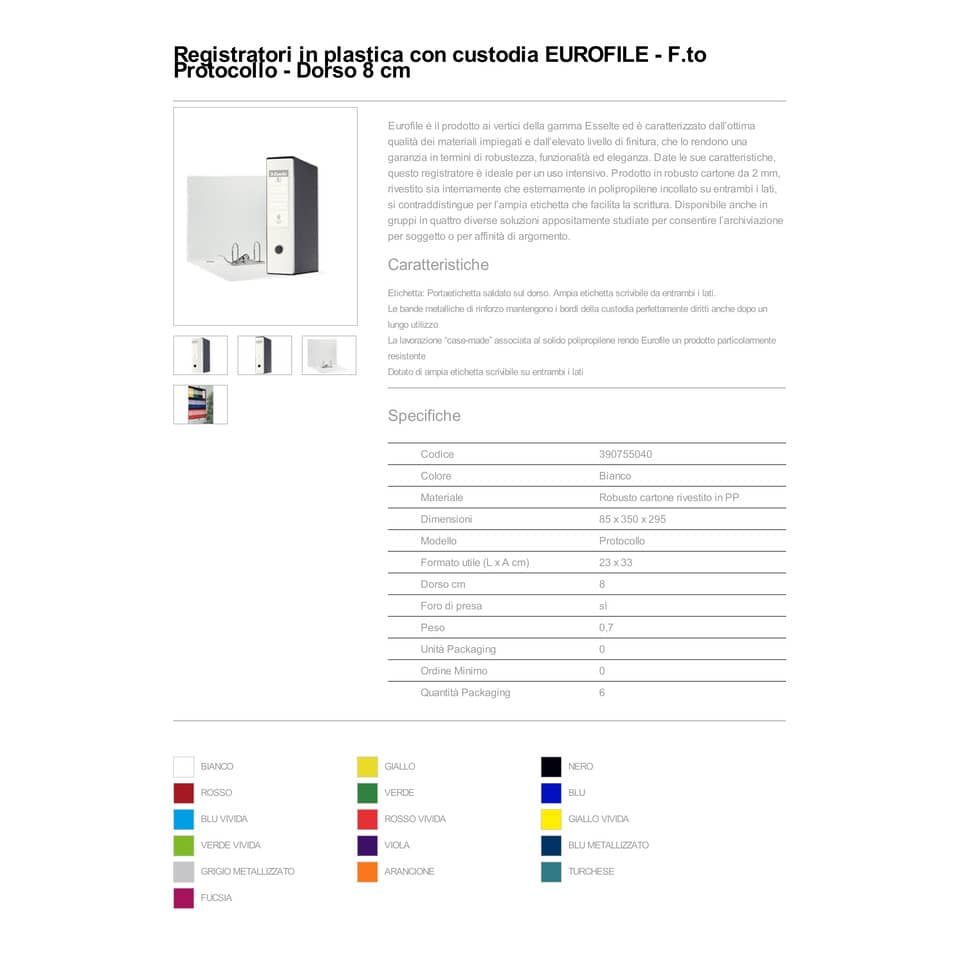 Registratore con custodia Esselte G55 Eurofile protocollo dorso 8 cm cartone rivestito in PP  bianco vivida 390755040