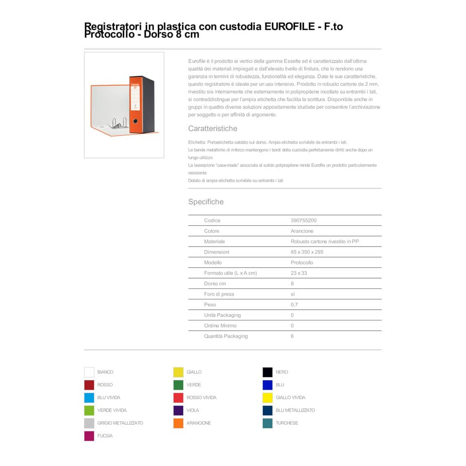Registratore con custodia Esselte G55 Eurofile protocollo dorso 8 cm cartone rivestito in PP arancione - 390755200
