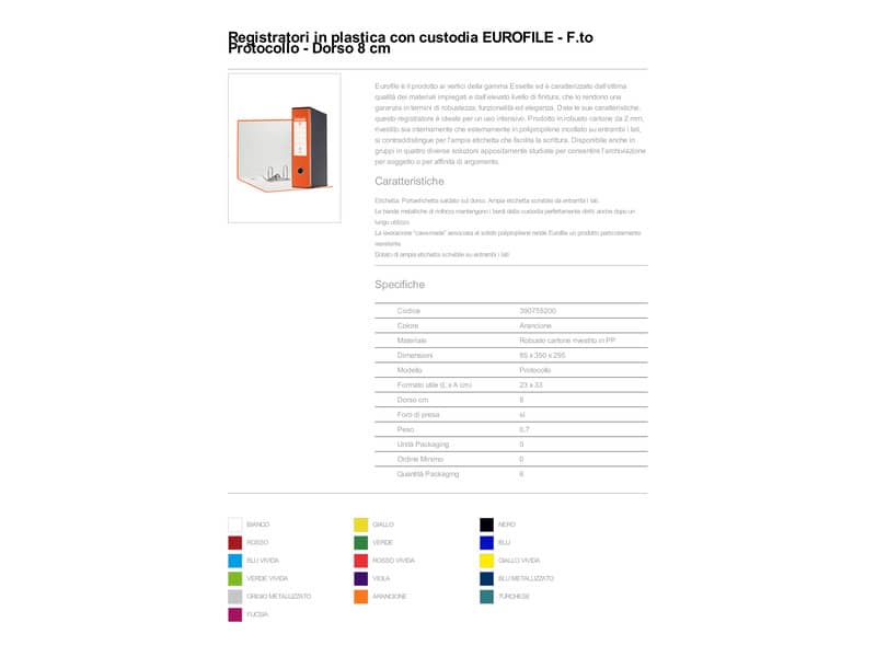 Registratore con custodia Esselte G55 Eurofile protocollo dorso 8 cm cartone rivestito in PP arancione - 390755200
