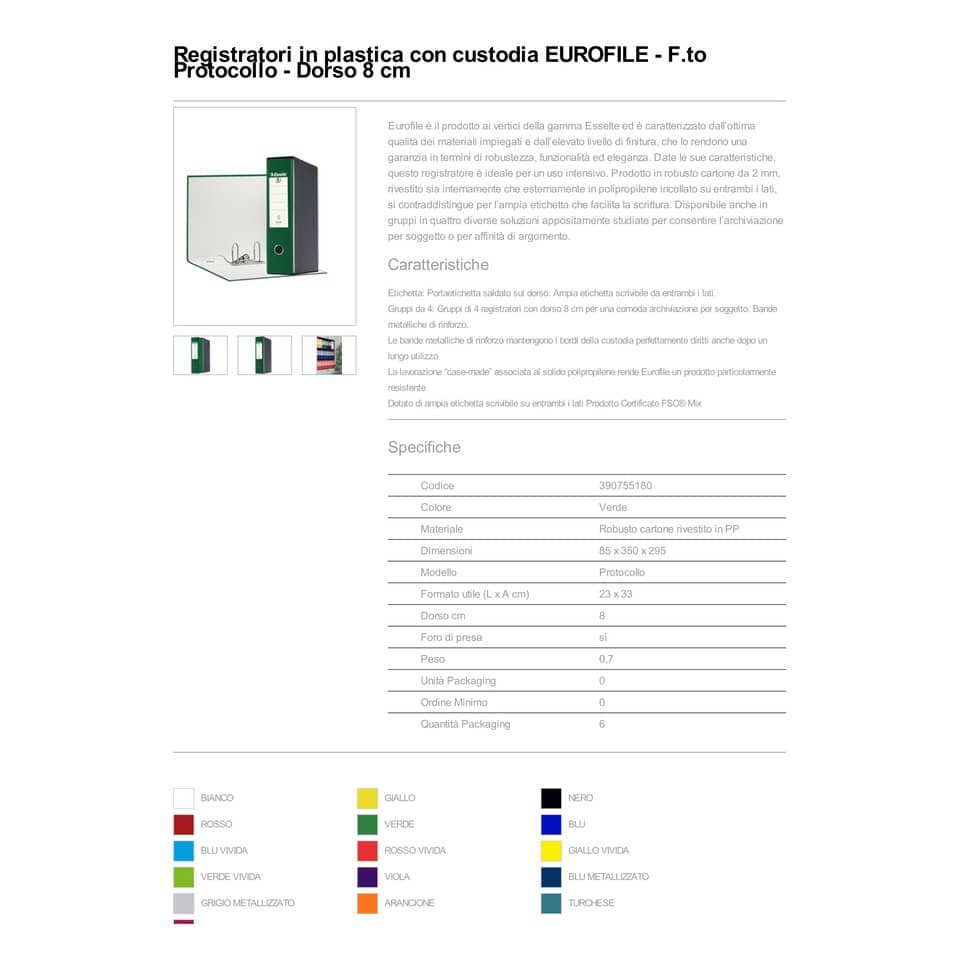 Registratore con custodia Esselte G55 Eurofile protocollo dorso 8 cm cartone rivestito in PP verde - 390755180