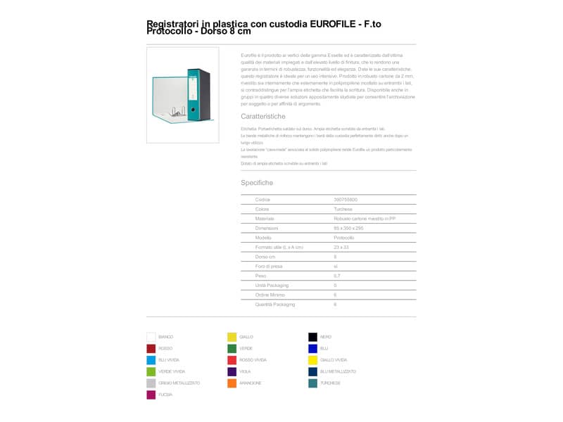 Registratore con custodia Esselte G55 Eurofile protocollo dorso 8 cm cartone rivestito in PP turchese - 390755800