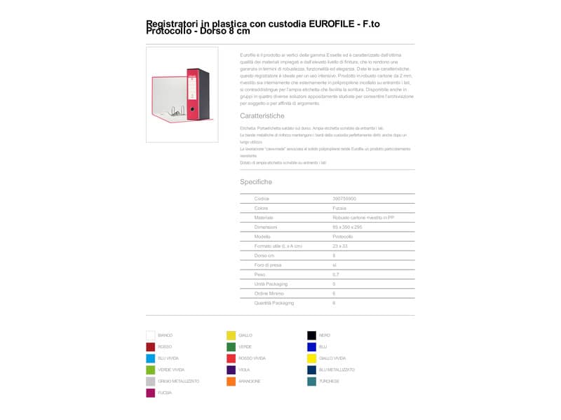 Registratore con custodia Esselte G55 Eurofile protocollo dorso 8 cm cartone rivestito in PP fucsia - 390755900