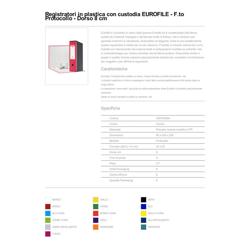 Registratore con custodia Esselte G55 Eurofile protocollo dorso 8 cm cartone rivestito in PP fucsia - 390755900