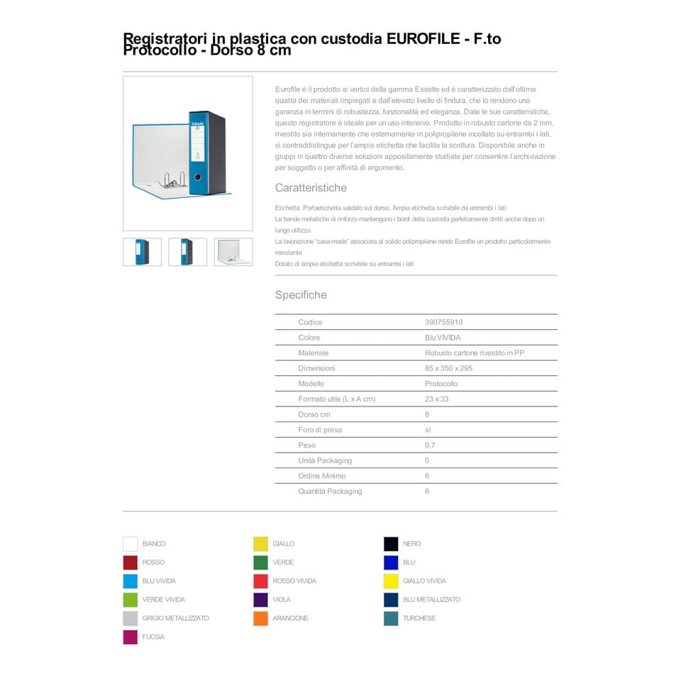 Registratore con custodia Esselte G55 Eurofile protocollo dorso 8 cm cartone rivestito in PP blu vivida - 390755910