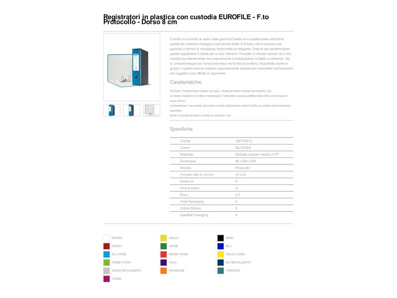 Registratore con custodia Esselte G55 Eurofile protocollo dorso 8 cm cartone rivestito in PP blu vivida - 390755910