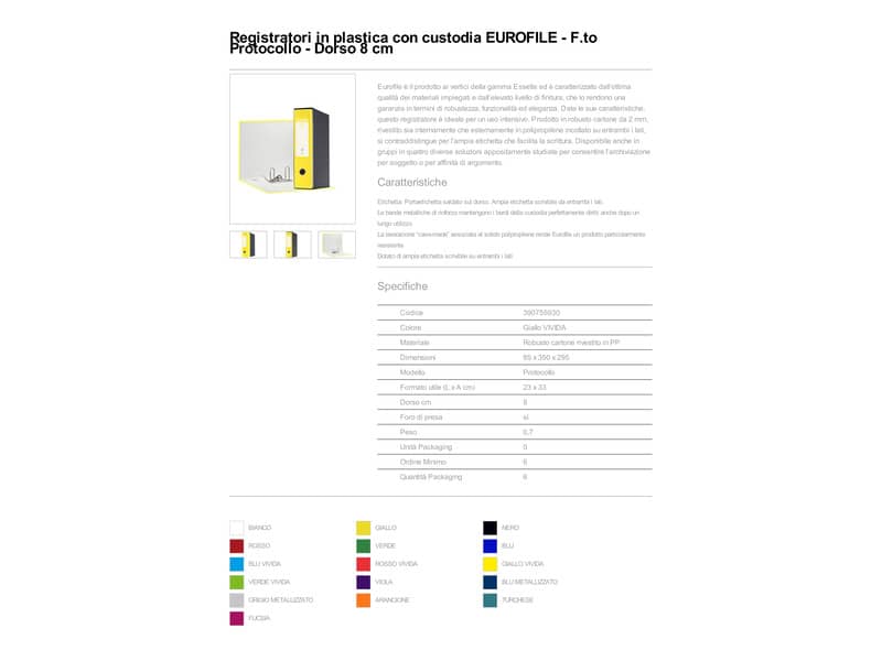 Registratore con custodia Esselte G55 Eurofile protocollo dorso 8 cm cartone rivestito in PP giallo vivida 390755930