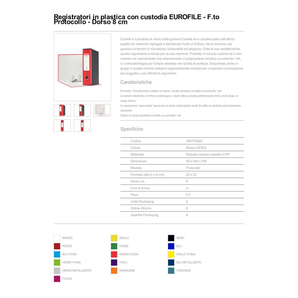 Registratore con custodia Esselte G55 Eurofile protocollo dorso 8 cm cartone rivestito in PP rosso vivida - 390755920