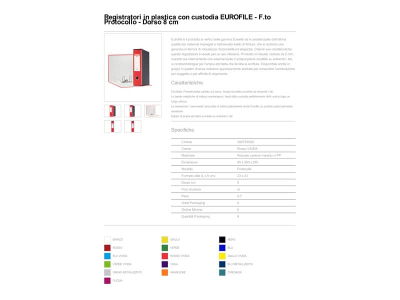 Registratore con custodia Esselte G55 Eurofile protocollo dorso 8 cm cartone rivestito in PP rosso vivida - 390755920