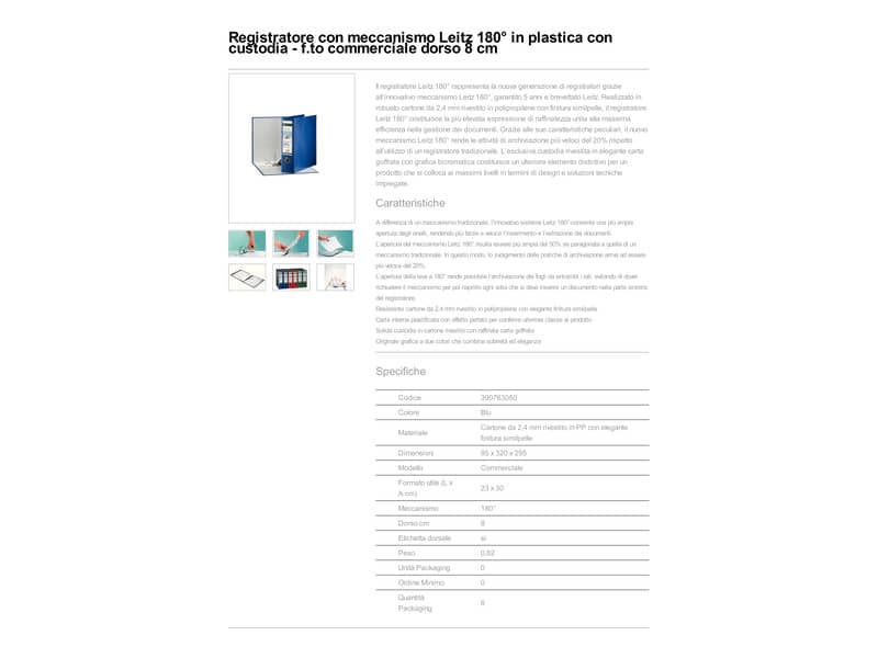 Registratore con custodia Leitz 180° commerciale dorso 8 cm cartone rivestito in polipropilene blu - 390763050