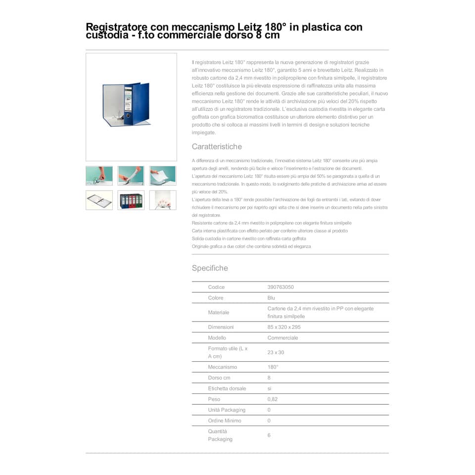 Registratore con custodia Leitz 180° commerciale dorso 8 cm cartone rivestito in polipropilene blu - 390763050
