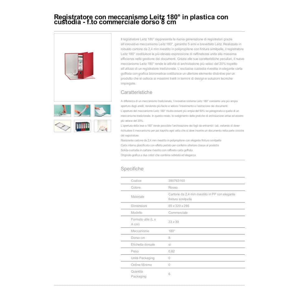 Registratore con custodia Leitz 180° commerciale dorso 8 cm cartone rivestito in polipropilene rosso - 390763160