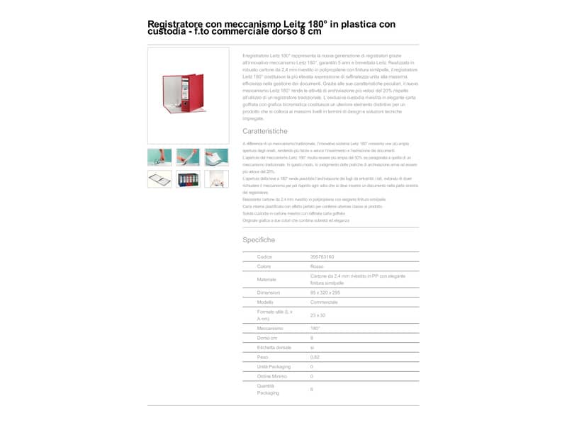 Registratore con custodia Leitz 180° commerciale dorso 8 cm cartone rivestito in polipropilene rosso - 390763160